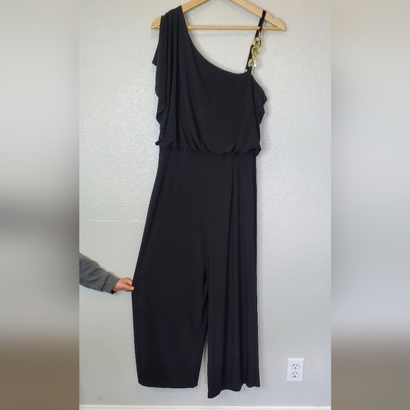 💚5/$25 Emma & Michele Black Gold Chain One-Shoulder Dressy Jumpsuit Wide Leg - Picture 5 of 7